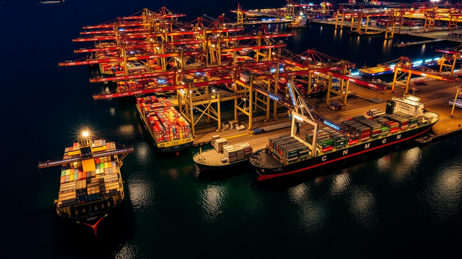 International shipping port at night